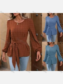 Wholesale Women's Casual Round Neck Long Sleeve Tie Front Swiss Dot Blouse, LIUHUA CLOTHING WHOLESALE