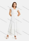 Wholesale Women's Casual V Neck Layered Petal Sleeve Hollow Out Tiered Plain Maxi Dress - Liuhuamall