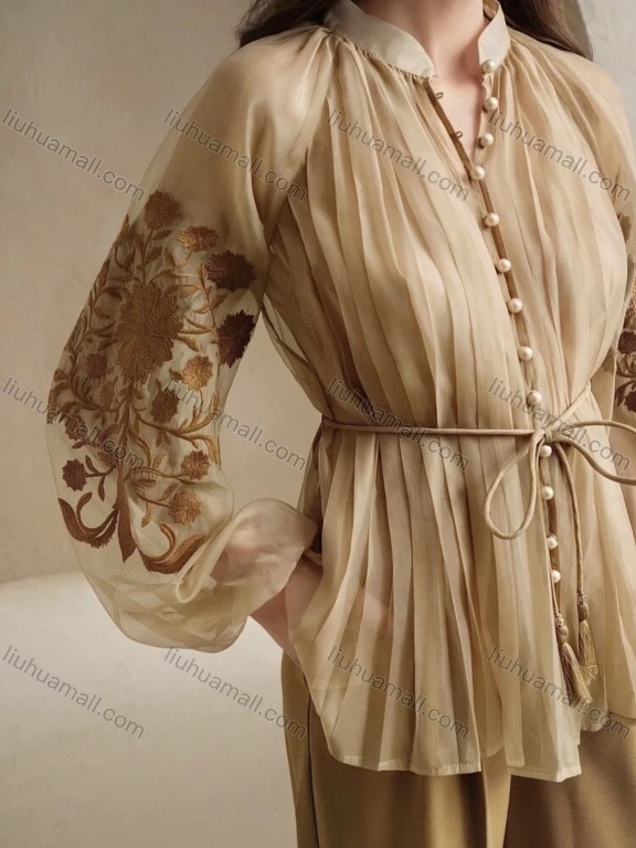 Wholesale Long Sleeve Embroidery Graphic chiffon fold