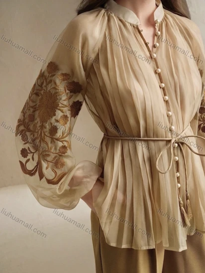 Wholesale Long Sleeve Embroidery Graphic chiffon fold