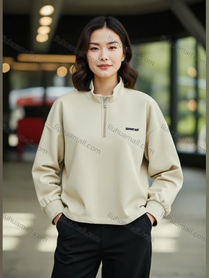Wholesale Beige SDWCAR Quarter - Zip Pullover Hoodie, Casual Top w/ Brand Logo, Wholesale Bulk for Retail Stores