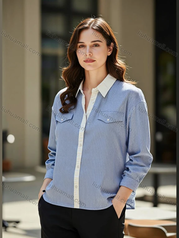 Wholesale Women's Blue and White Striped Shirt | Long Sleeve Casual Top with Loose Fit | Wholesale Bulk for Retail Stores