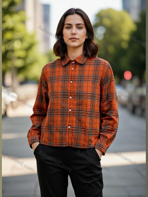Wholesale Trendy Women's Orange Plaid Long Sleeve Button - Down Shirt, Stylish Casual Wholesale Supply