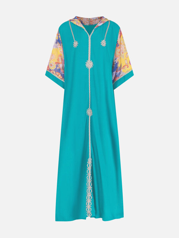 Woman's Plus Size V Neck Bell Sleeve Embroidery Vintage Print Splicing Maxi Kaftan Dress With Hood, Clothing Wholesale Market -LIUHUA, 