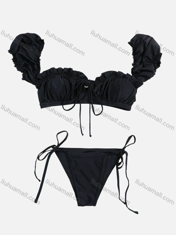 Wholesale Women's Summer Plain Lace up Ruffle Trim Ruched Sexy Bikini Beach Swimwear