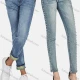 Wholesale Women's Casual Distressed Skinny Fit Ankle Length High Waist Pearl Decor Trim Denim Pants Light Blue Clothing Wholesale Market Liuhua