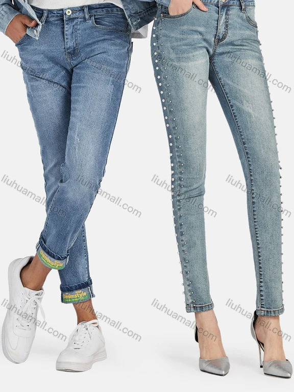 Wholesale Women's Casual Distressed Skinny Fit Ankle Length High Waist Pearl Decor Trim Denim Pants