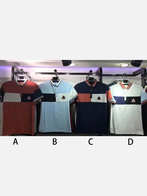 Men's Casual Short Sleeve Colorblock Label Striped Trim Button Front Polo Shirts, Clothing Wholesale Market -LIUHUA, 