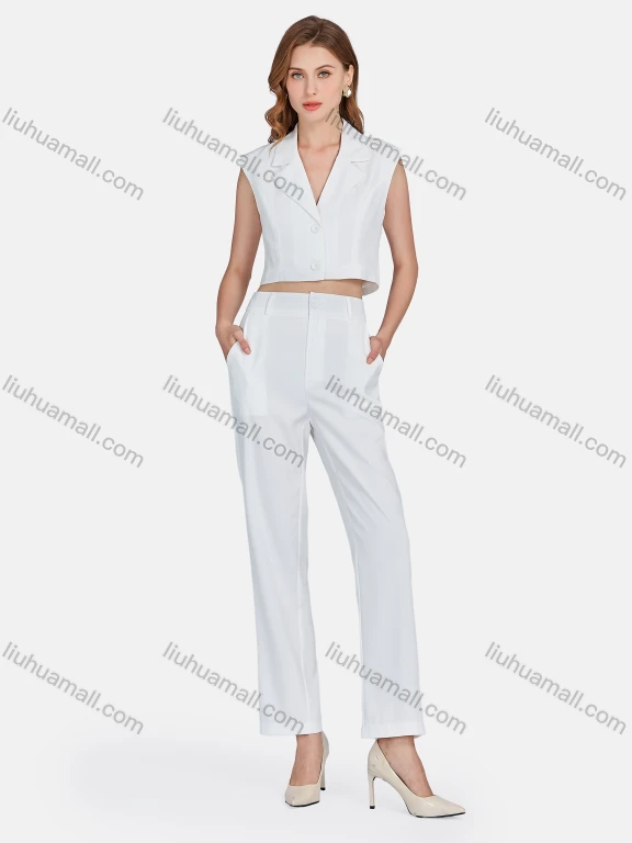 Wholesale Women's Plain Lapel Sleeveless Buttons Crop Tank Top & High Waist Straight Leg Ankle Length Pants 2 Piece Set