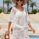 Wholesale Women's Vacation Half Sleeve Sheer Embroidery Lace Plain Pullover Cover Up Dress White Clothing Wholesale Market Liuhua