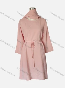 Wholesale Girls Casual Crew Neck Long Sleeve Lace Up Plain Dress With Scarf, LIUHUA CLOTHING WHOLESALE