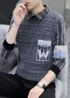 Wholesale Men's Casual Striped Turn-down Collar 3/4 Sleeve Sweater - Liuhuamall