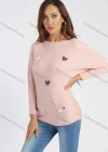 Wholesale Women's Round Neck Long Sleeve Flocking Heart Rhinestone Pullover Knit Top - Liuhuamall