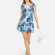Women's Floral Print Cap Sleeve A-Line Dress Cyan Clothing Wholesale Market -LIUHUA