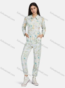 Wholesale Women's Shirt Collar Long Sleeve Floral Print Flap Pockets Button Front Jumpsuit With Belt, LIUHUA CLOTHING WHOLESALE