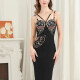 Women's Elegant Spaghetti Strap Rhinestone Midi Dress Black Clothing Wholesale Market -LIUHUA