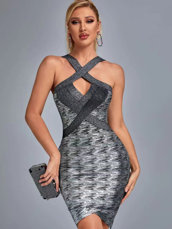 Women's Glamorous Criss Cross Sleeveless Short Evening Dress, Clothing Wholesale Market -LIUHUA, 