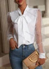 Wholesale Women's Fashion Tie Neck Puff Sleeve Sheer Mesh Polka Dot Print Plain Tops - Liuhuamall