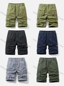 Wholesale Men's Casual Plain Drawstring Multiple Pockets Elastic Waist Shorts 97251#, LIUHUA CLOTHING WHOLESALE