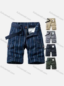 Wholesale Men's Casual Vertical Stripe Multiple Pockets Shorts With Belt, LIUHUA CLOTHING WHOLESALE