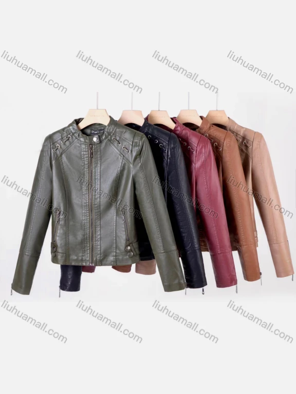 Wholesale Women's Casual Stand Collar Long Sleeve Zipper Plain Leather Crop Biker Jacket