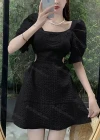 Wholesale Women's Retro Square Neck Puff Sleeve Ruched Cutout Waist Lace Up Plain Short Dress AY195# - Liuhuamall