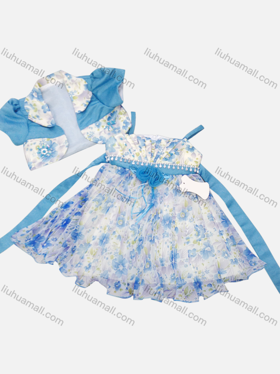 Wholesale Girls Lovely Floral Print Pleated Flower Dress & Cardigan Set