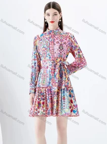 Wholesale Women's Casual Stand Collar High Waist Ruffle Hem Long Sleeve Short Shirt Dress, LIUHUA CLOTHING WHOLESALE