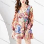 Wholesale Women's Casual V Neck Patchwork Vintage Print High Waist Long Sleeve Short Wrap Dress preview