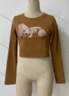 Wholesale Women's Casual Bear Pattern Round Neck Long Sleeve Crop Tee - Liuhuamall