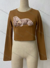 Wholesale Women's Casual Bear Pattern Round Neck Long Sleeve Crop Tee, LIUHUA CLOTHING WHOLESALE
