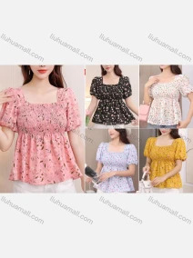 Wholesale Women's Causal Crop Square Neck Puff Sleeve Floral Print Blouse, LIUHUA CLOTHING WHOLESALE