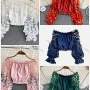Wholesale Women's Causal Crop Off Shoulder Appliques Lace Sleeve Floral Print Blouse preview
