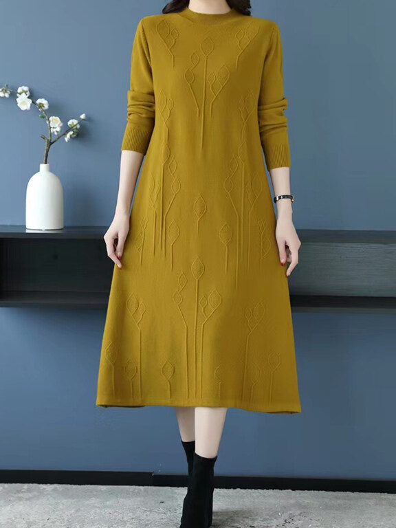Women's Casual Plain Mock Neck Long Sleeve Midi Sweater Dress, Clothing Wholesale Market -LIUHUA, 