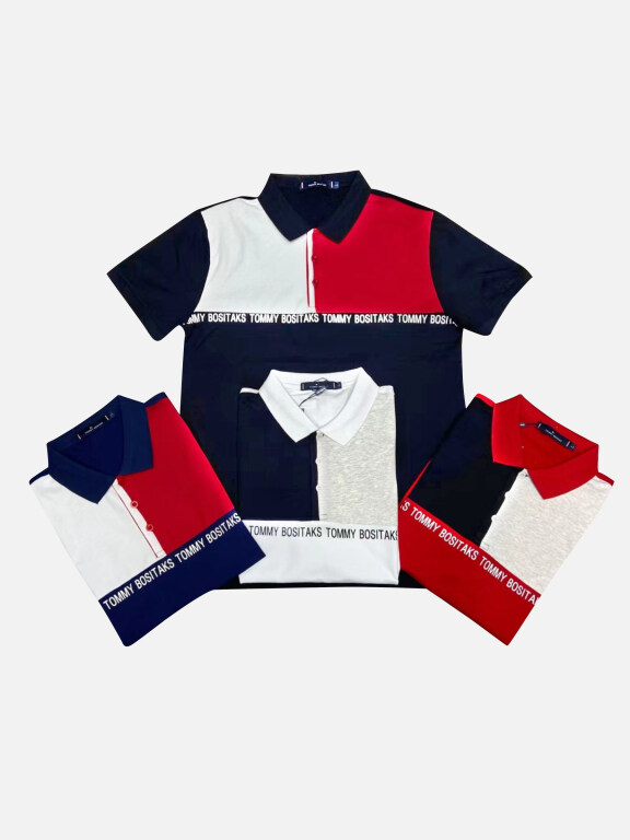 Men's Plus Size Casual Short Sleeve Colorblock & Letter Polo Shirt, Clothing Wholesale Market -LIUHUA, MEN, Tops