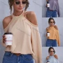 Wholesale Women's Long Sleeve Halter Cold Shoulder Plain Casual Blouse A21168G# preview