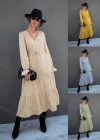 Wholesale Women's Fashion V Neck Poet Sleeve Layered Plain Casual Midi Dress X2448X# - Liuhuamall
