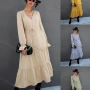 Wholesale Women's Fashion V Neck Poet Sleeve Layered Plain Casual Midi Dress X2448X# preview