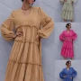 Wholesale Women's V Neck Lantern Sleeve Layered Ruffle Trim Plain Casual Midi Dress X2492G# preview