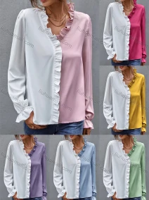 Wholesale Women's Fashion Colorblock Long Sleeve Ruffle Trim Blouse A2147X#, LIUHUA CLOTHING WHOLESALE