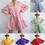 Wholesale Women's Casual Puff Sleeve Button Down Ruffle Hem Plain Belted Shirt Dress X2465X# preview