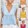 Wholesale Women's V Neck Ruffle Trim Ruffle Hem Crop Babydoll Top A21006X# preview