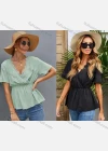 Wholesale Women's Casual V Neck Lace Trim Short Sleeve Elastic Waist Babydoll Top X2275X# - Liuhuamall