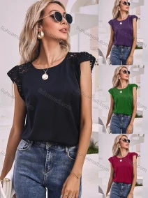 Wholesale Women's Casual Round Neck Guipure Lace Trim Slim Fit Butterfly Sleeve Blouse A21033L#, LIUHUA CLOTHING WHOLESALE