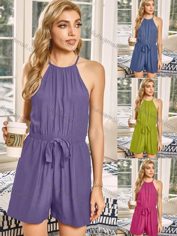 Wholesale Women's Casual Halter Strap Drawstring Jumpsuit Waisted Open Back Romper 3085L#