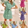 Wholesale Women's Casual Plain A-Line Button Down Short Sleeve Short Shirt Dress With Belt 3081X# preview