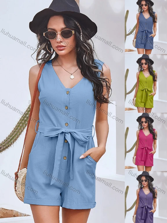 Wholesale Women's Casual V Neck Button & Drawstring Closure Side Pocket Romper X2228X#