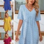 Wholesale Women's Swiss Dot V Neck Short Sleeve Plain High Waist Short Dress LQ-X2674X# preview