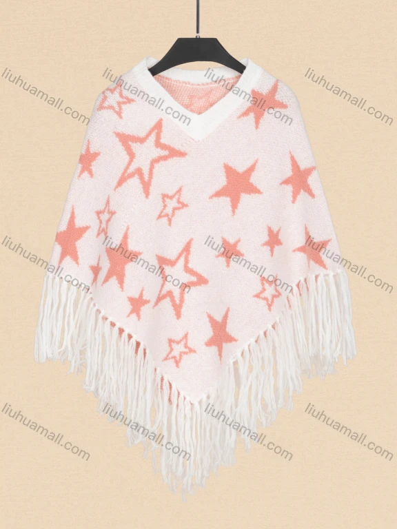 Wholesale Women's V Neck Plain Knitted Tassel Fringe Trim Star Print Poncho 80075#