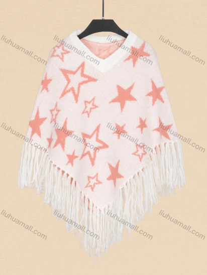 Wholesale Women's V Neck Plain Knitted Tassel Fringe Trim Star Print Poncho 80075#